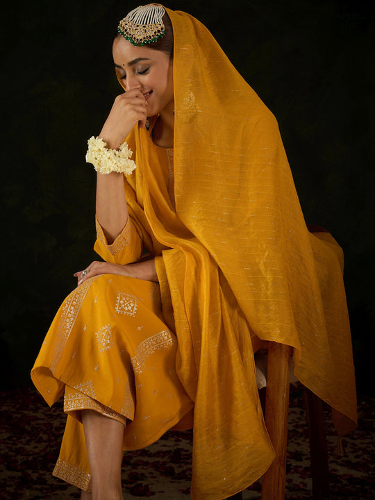 Indo Era Mustard Embroidered Straight Kurta Trousers With Dupatta Set