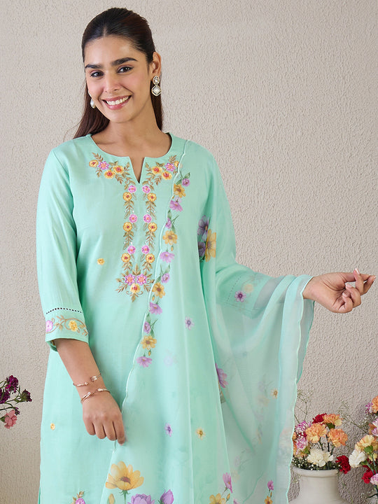 Indo Era Sea Green Embroidered Straight Kurta Trousers With Dupatta Set