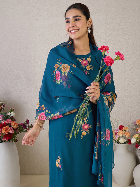 Indo Era Teal Embroidered Straight Kurta Trousers With Dupatta Set