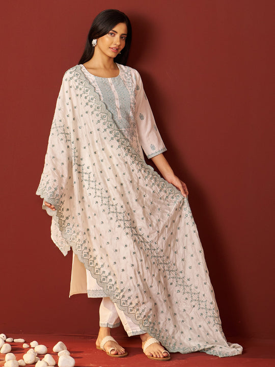 White Embroidered Silk Blend Straight Women Kurta Trouser With Dupatta
