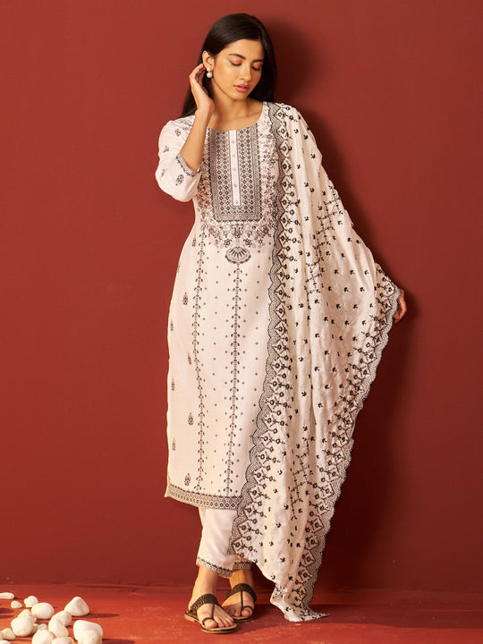 White Woven Design Silk Blend Straight Women Kurta Trouser With Dupatta
