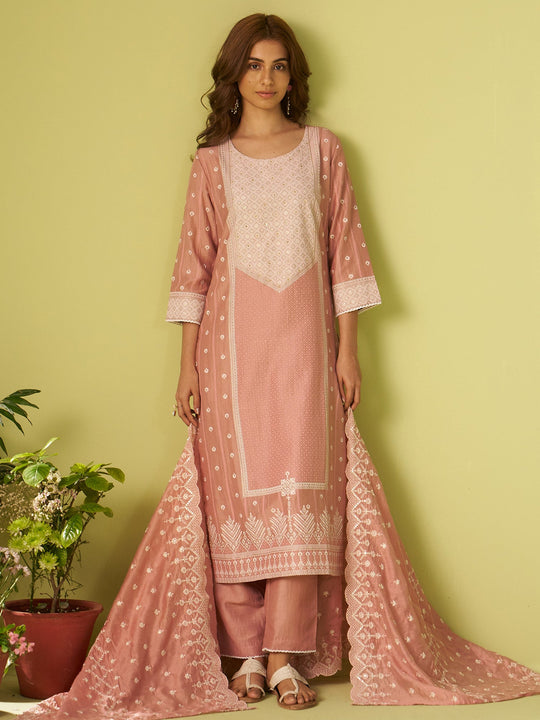 Mauve Woven Design Silk Blend Straight Women Kurta Trouser With Dupatta