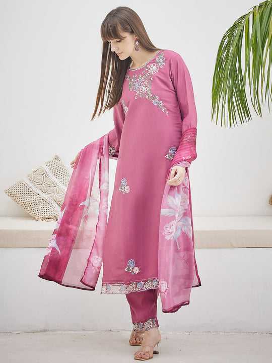 Mauve Embroidered Silk Blend Straight Suit Sets With Dupatta