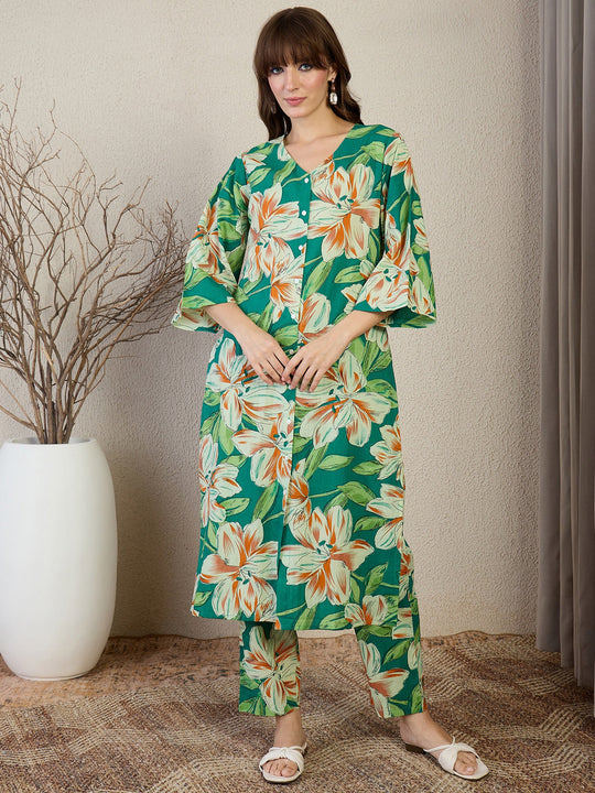Green Printed Pure Cotton A-Line Kurta Trouser Set