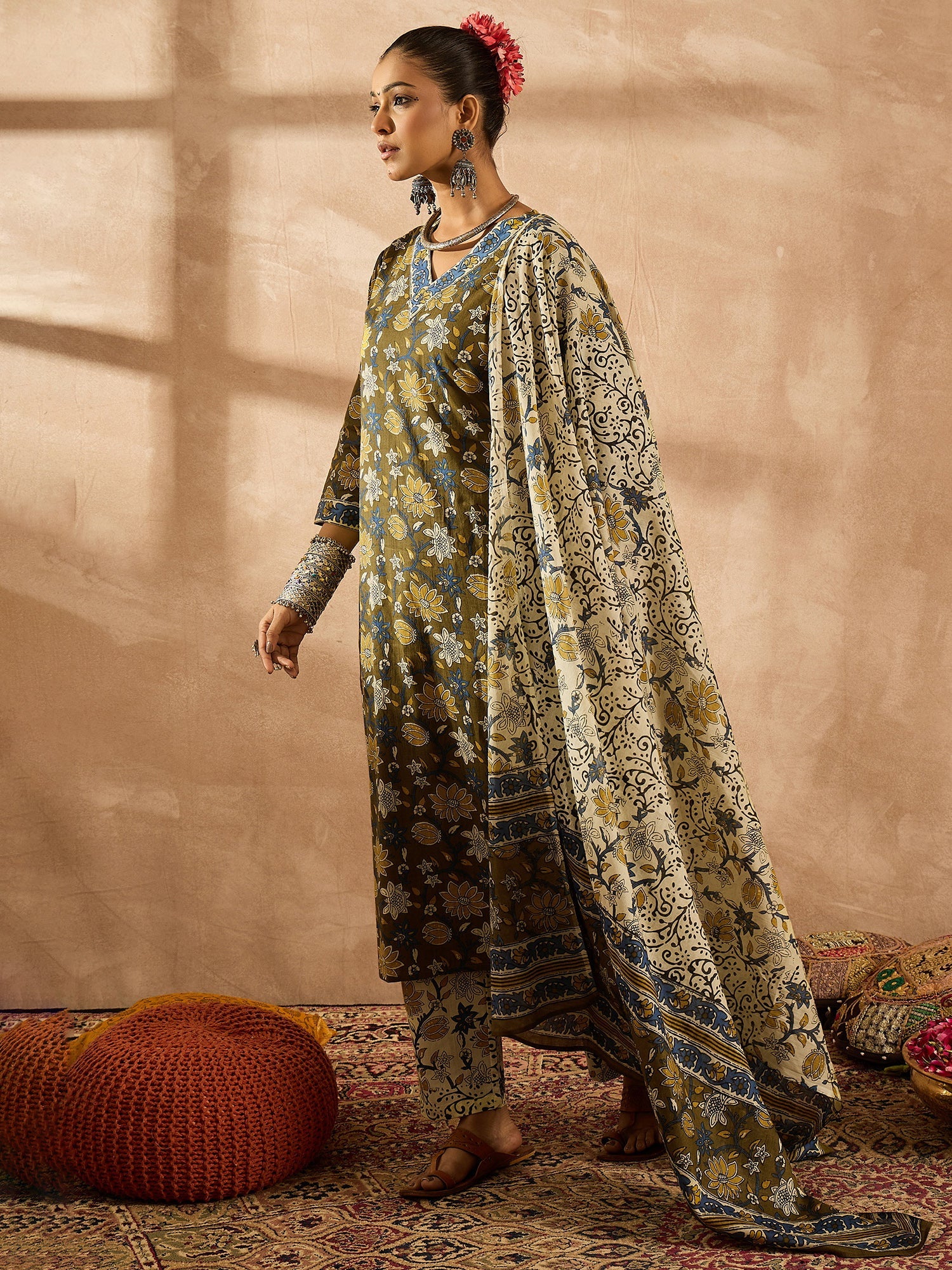 indo era, suit, kurta set for women, indo era kurta, kurta sets for ladies, summer dresses for women, 3 piece suit, cotton kurta set for women, new arrivals, women kurti plazo set, women in suit, kurta suit, floral kurta, short suit, spring summer, Olive suit
