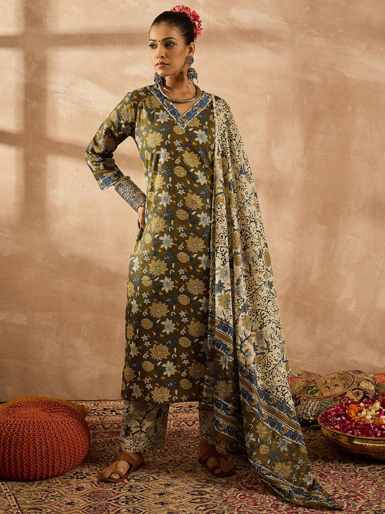 Indo Era Olive Printed Straight Kurta Trousers With Dupatta Set