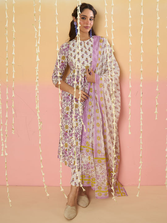 Women White Printed Pure Cotton A-Line Kurta Sets With Dupatta
