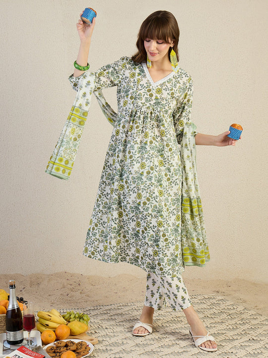 White Printed Pure Cotton A-Line Suit Sets With Dupatta