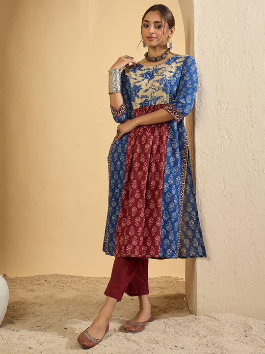 Multi Printed Pure Cotton A-Line Kurta With Trouser Set