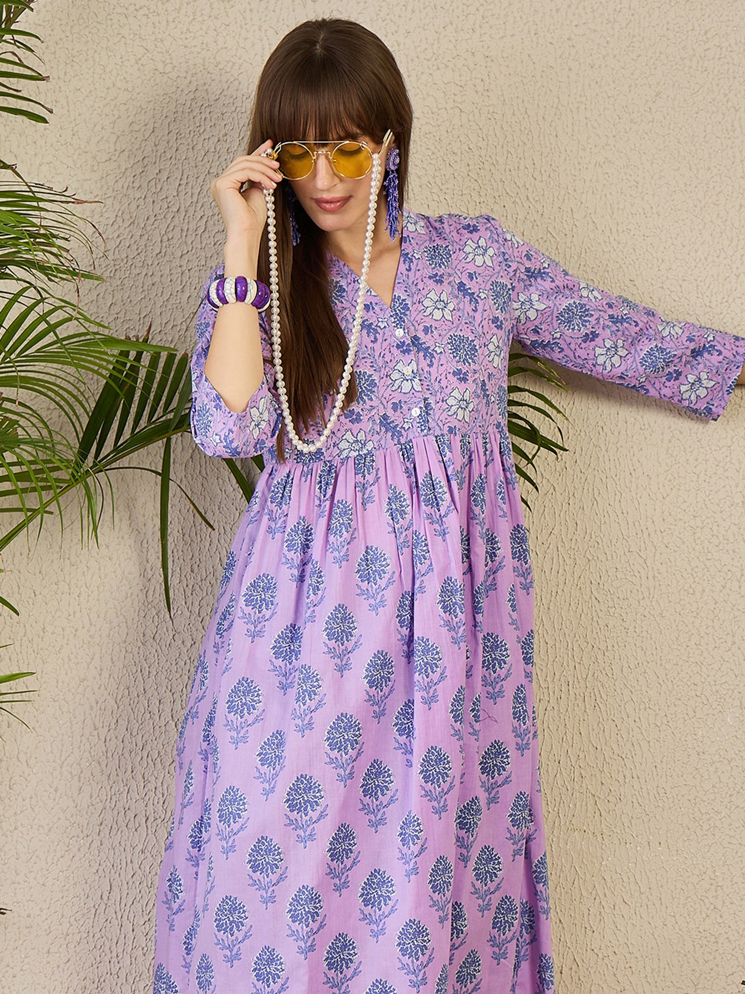 Purple Printed A-Line Cotton Kurta Trouser Set