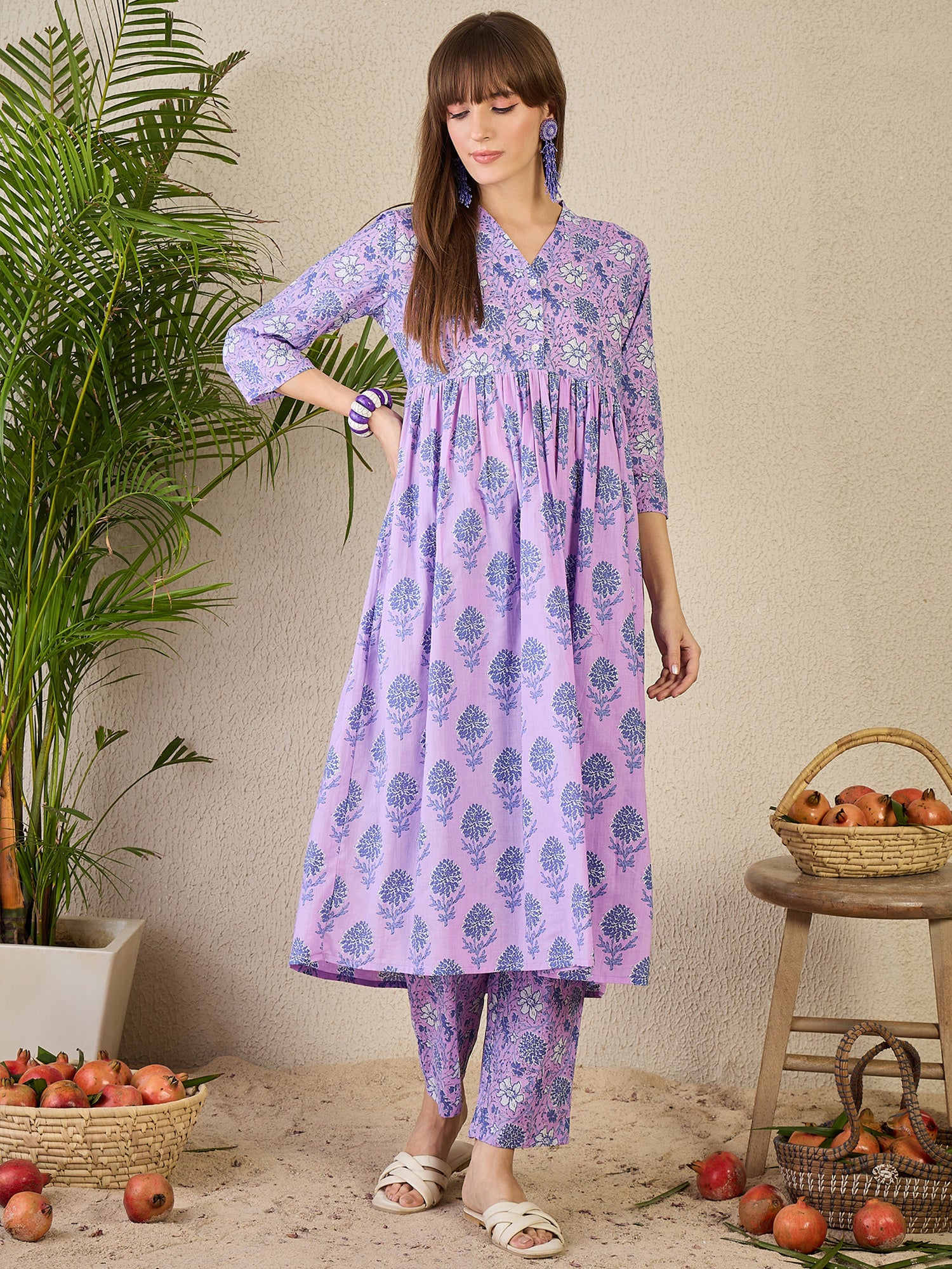 Purple Printed A-Line Cotton Kurta Trouser Set