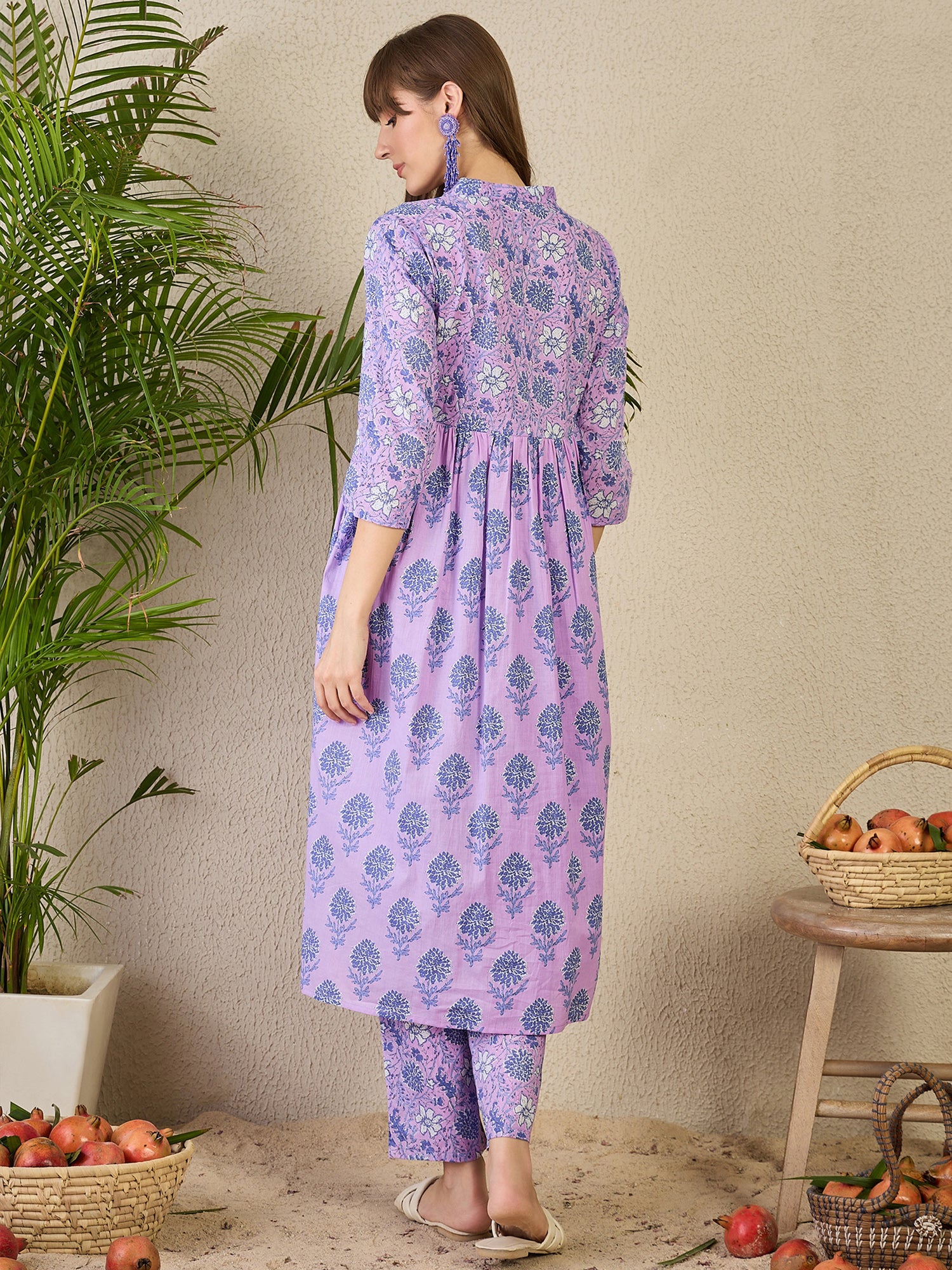 Purple Printed A-Line Cotton Kurta Trouser Set