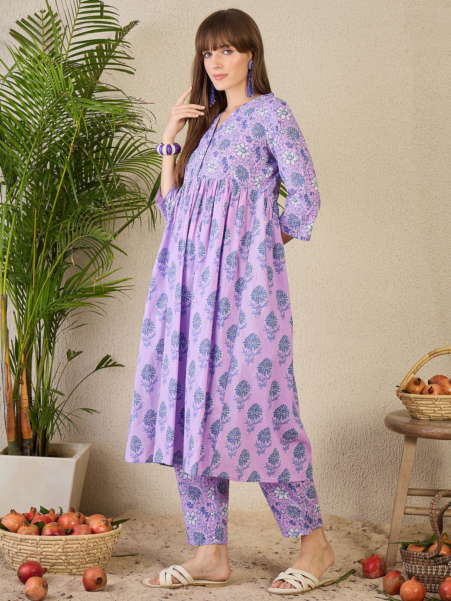 Purple Printed A-Line Cotton Kurta Trouser Set