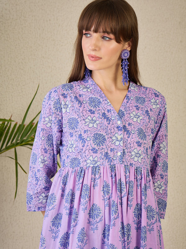 Purple Printed A-Line Cotton Kurta Trouser Set