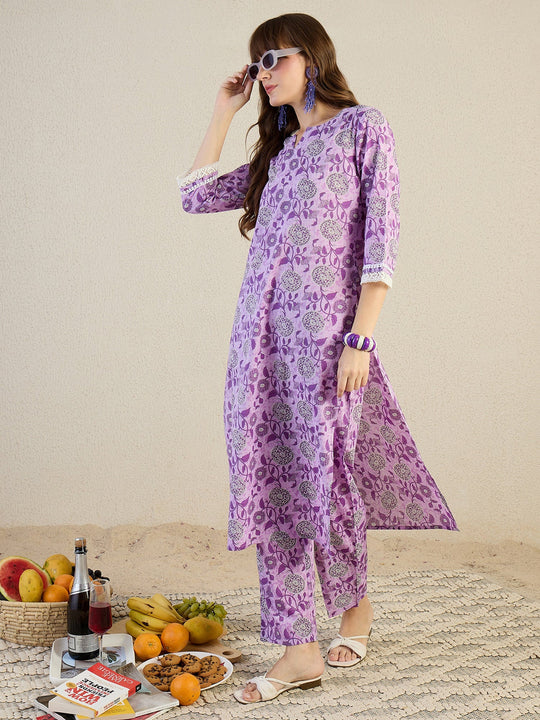 Purple Printed Pure Cotton Straight Kurta Trouser Set