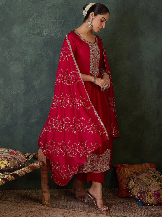 Pink Embroidered Silk Blend Anarkali Suit Sets With Dupatta