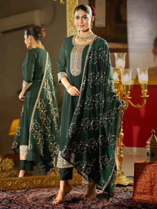 Green Embroidered Silk Blend Anarkali Suit With Dupatta