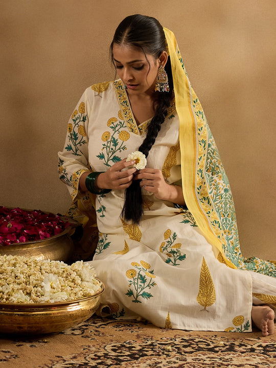 Indo Era Off White Printed Straight Kurta Trousers With Dupatta Set