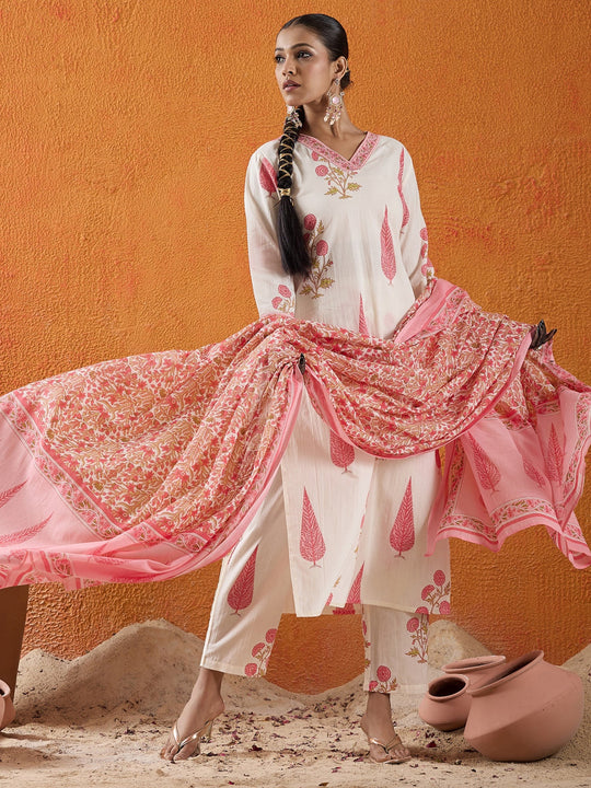 Indo Era Off White Printed Straight Kurta Trousers With Dupatta Set