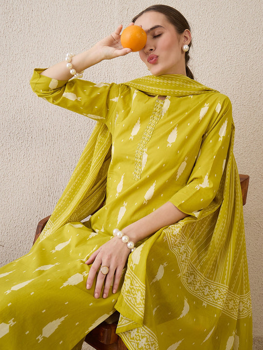 Yellow Printed Straight Kurta Trousers With Dupatta