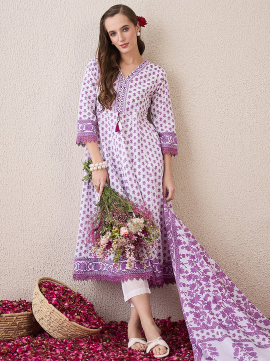 Indo Era White Printed Anarkali Kurta Trousers With Dupatta Set