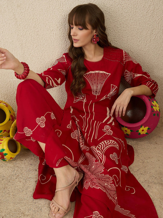 Red Printed Straight Rayon Kurta Set