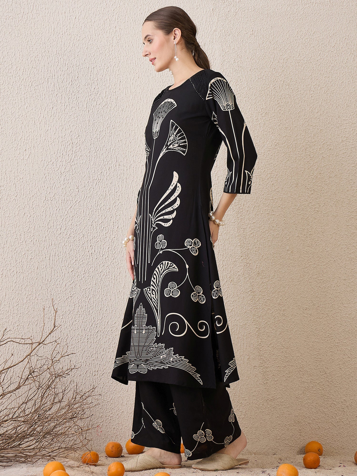 indo era, suit, kurta set for women, indo era kurta, kurta sets for ladies, summer dresses for women, 3 piece suit, cotton kurta set for women, new arrivals, women kurti plazo set, women in suit, kurta suit, floral kurta, short suit, spring summer, Black suit