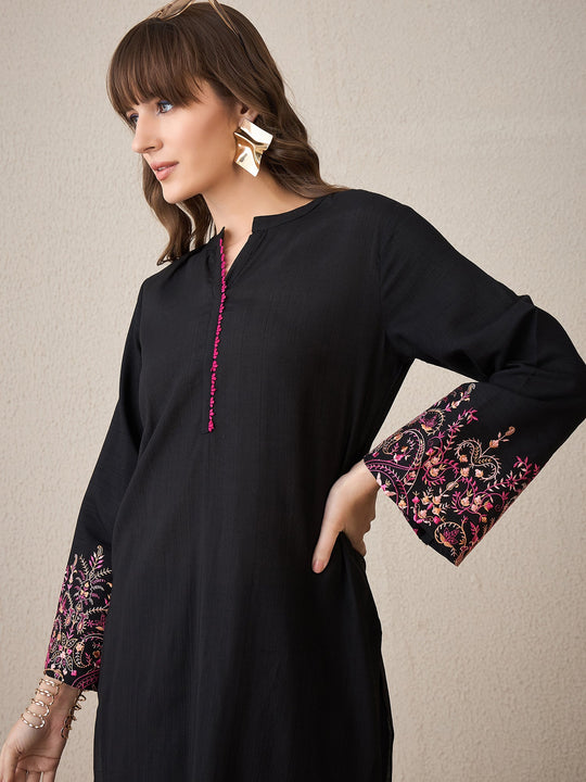 Indo Era Black Embroidered Straight Kurta Trousers Set