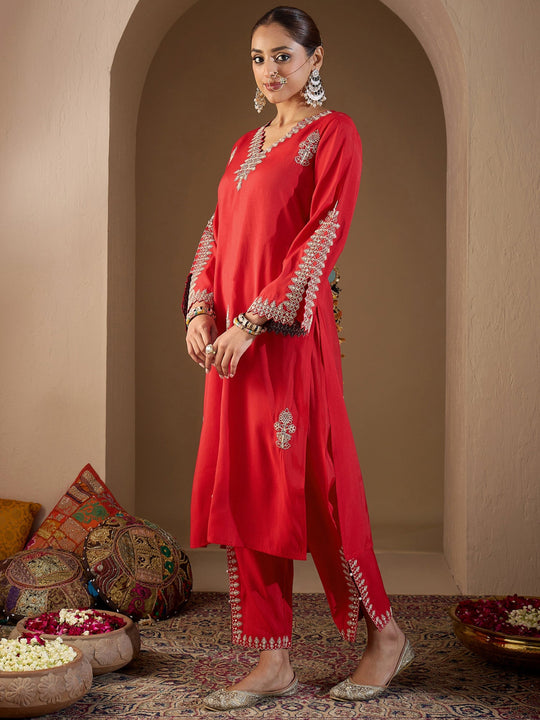 Indo Era Red Embroidered Straight Kurta Trousers Set