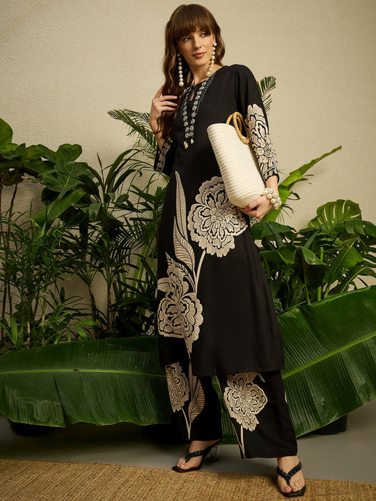 Black Printed Viscose Rayon Straight Kurta Palazzo Set