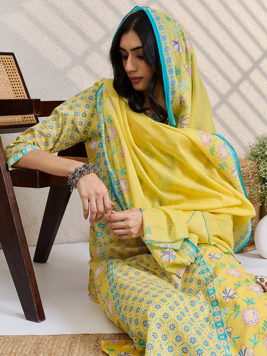 Yellow Printed Pure Cotton Straight Suit Sets With Dupatta