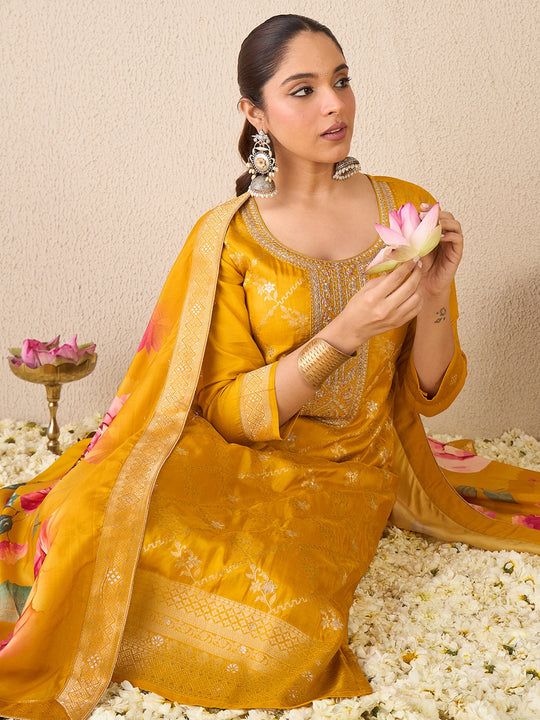 Women Yellow Embroidered Silk Blend Straight Kurta Sets With Dupatta