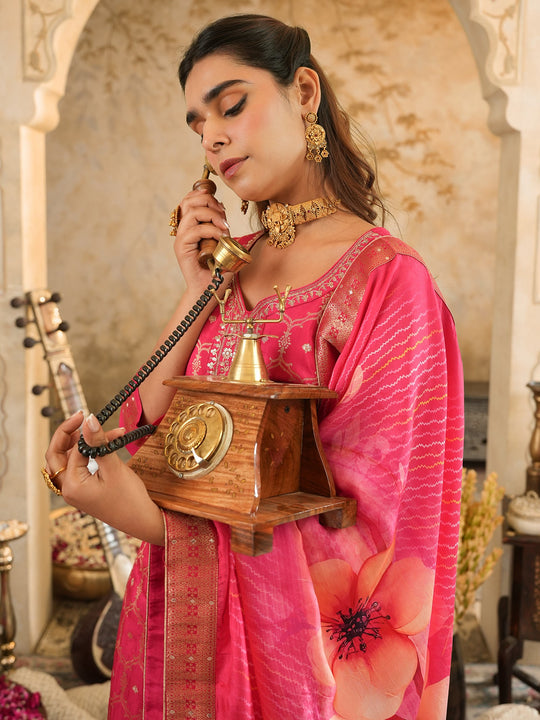 Pink Embroidered Silk Blend Straight Kurta Sets With Dupatta