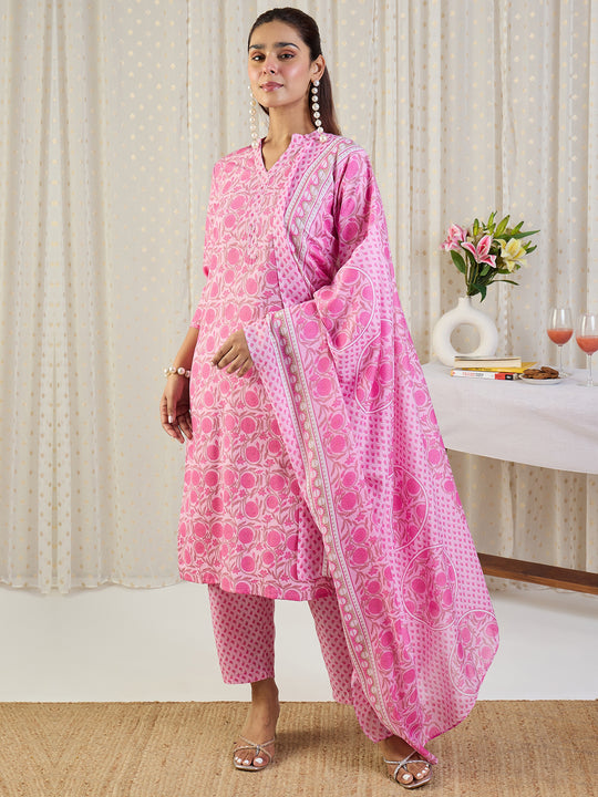 Pink Printed Pure Cotton Straight Kurta Sets With Dupatta