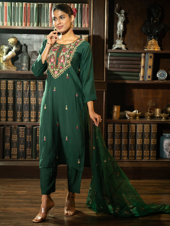 Green Embroidered Straight Silk Blend Suit With Dupatta