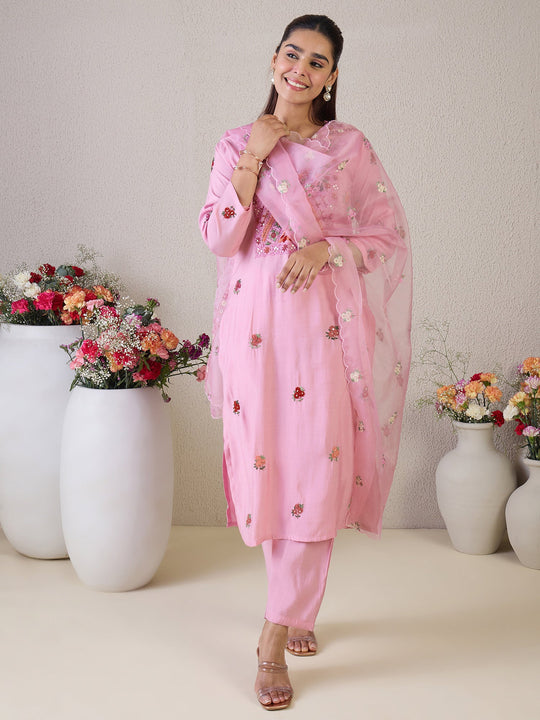 Pink Embroidered Straight Kurta Set with Dupatta