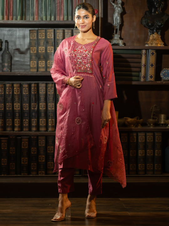 Pink Embroidered Straight Silk Blend Suit With Dupatta