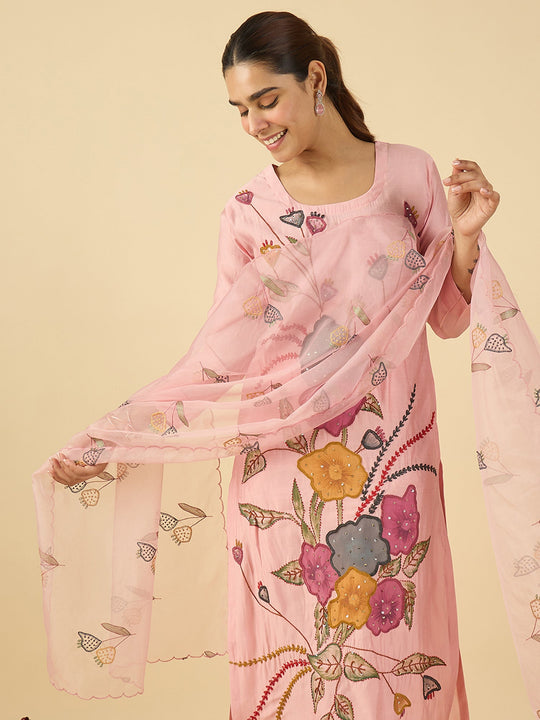 Pink Embroidered Silk Blend Straight Kurta Set With Dupatta