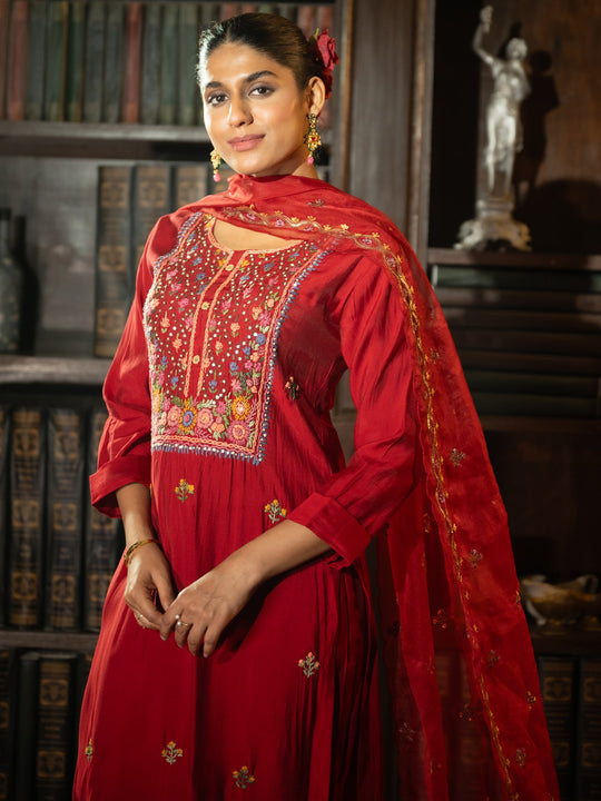 Red Embroidered Straight Silk Blend Suit With Dupatta