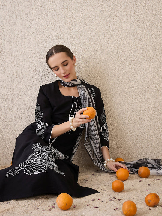 Indo era Black Embroidered Straight Kurta Trousers With Dupatta Set