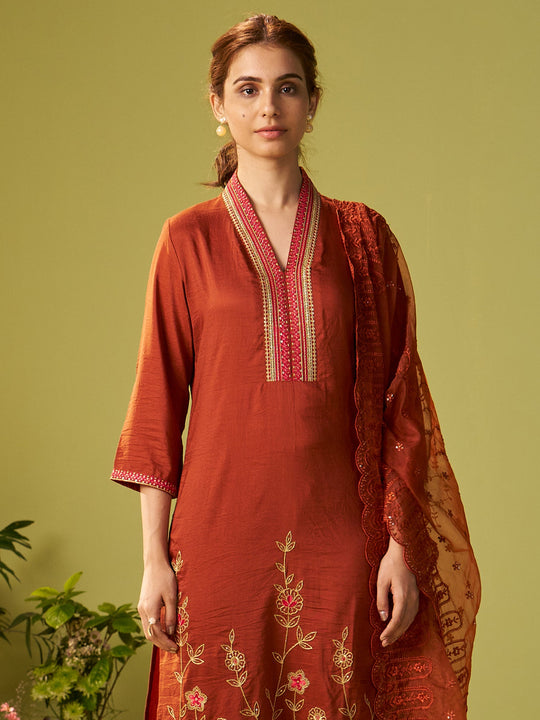 Rust Embroidered Silk Blend Straight Women Kurta Trouser With Dupatta
