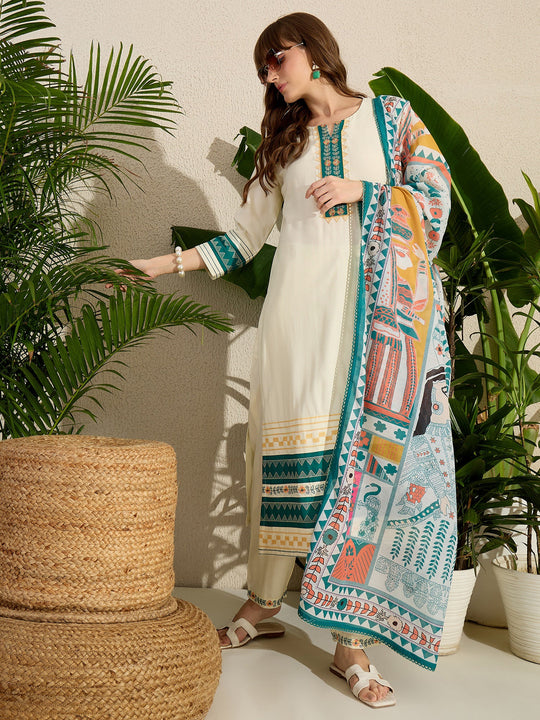 Cream Embroidered Viscose Rayon Straight Kurta Sets With Dupatta