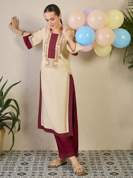 Beige Embroidered Viscose Rayon Straight Kurta Trouser Set