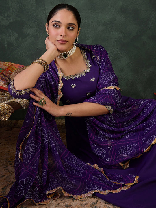 Purple Embroidered Viscose Rayon Anarkali Suit Sets With Dupatta