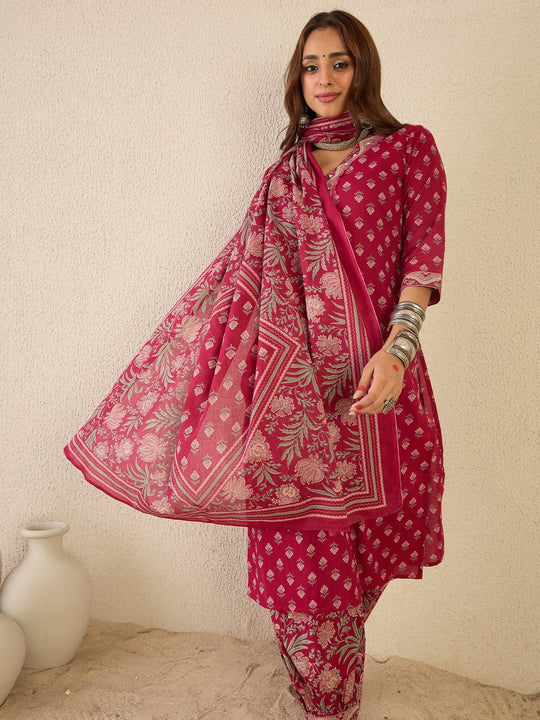 Burgundy Printed Pure Cotton Straight Kurta Set With Dupatta