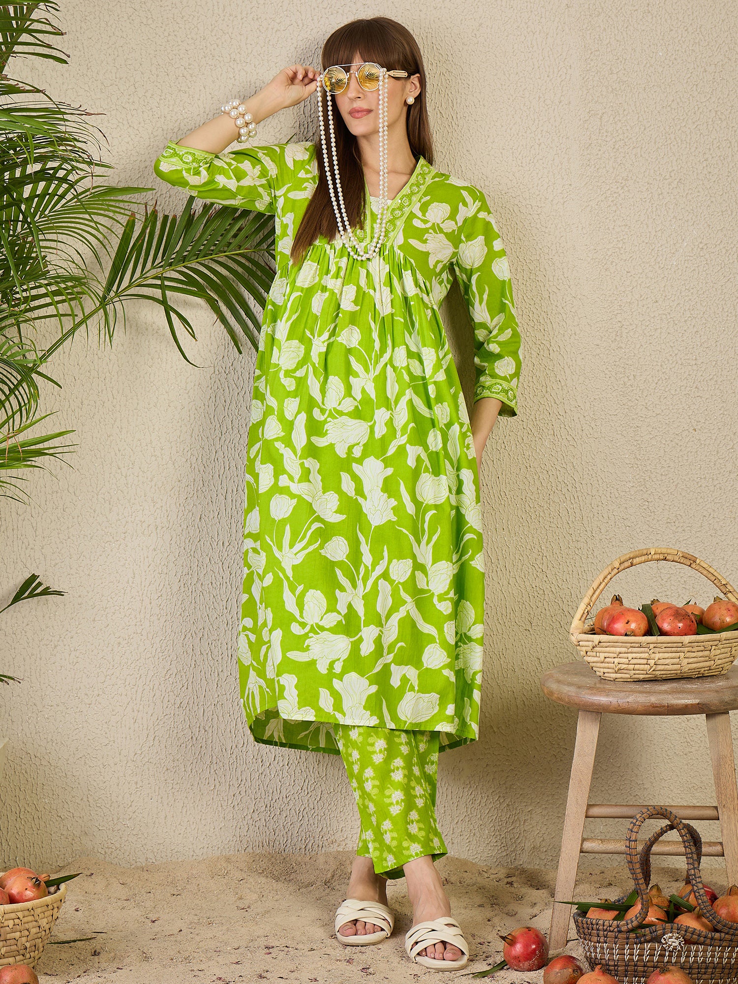 Green Printed A-Line Cotton Kurta Pant Set
