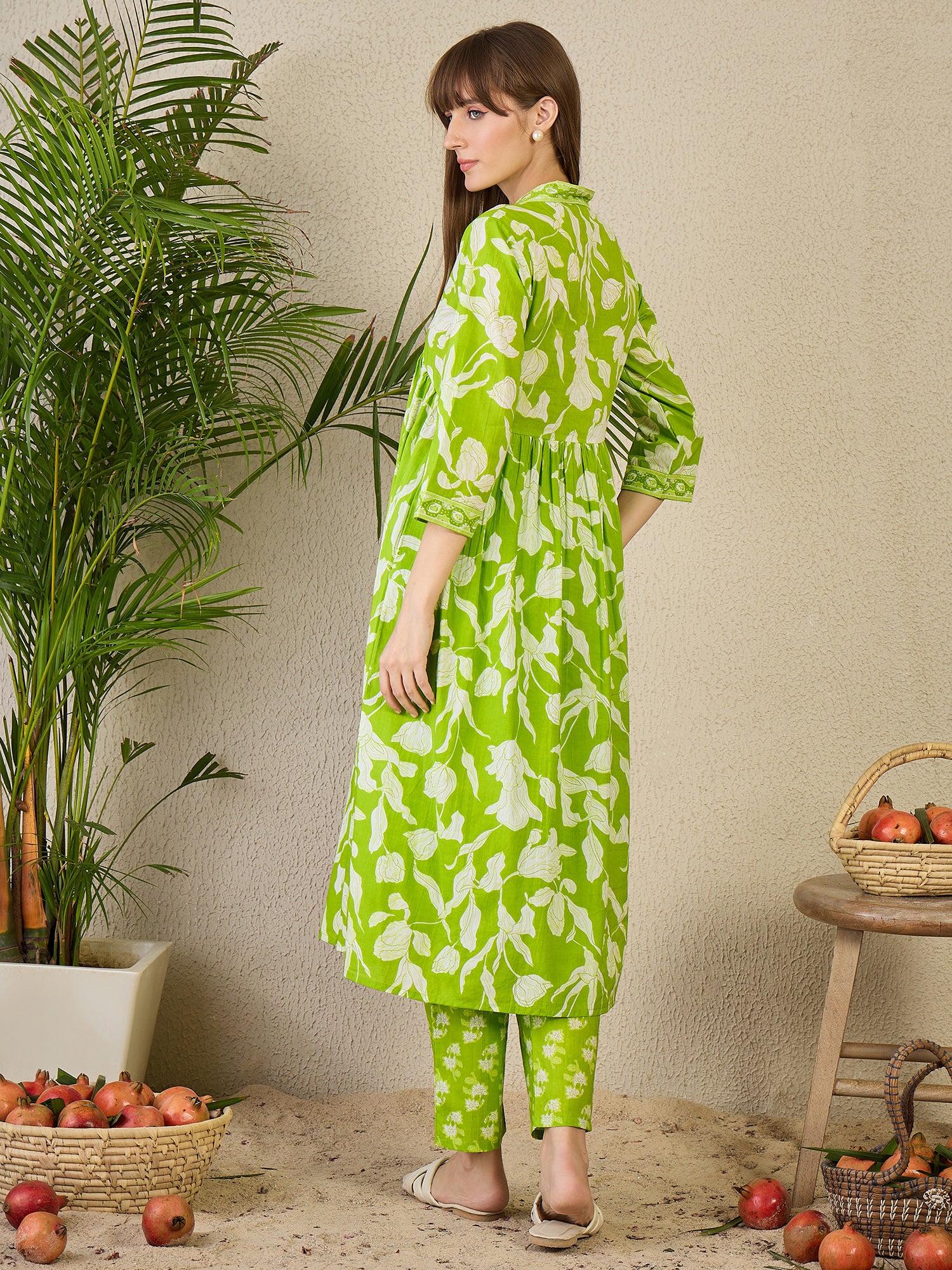 Green Printed A-Line Cotton Kurta Pant Set