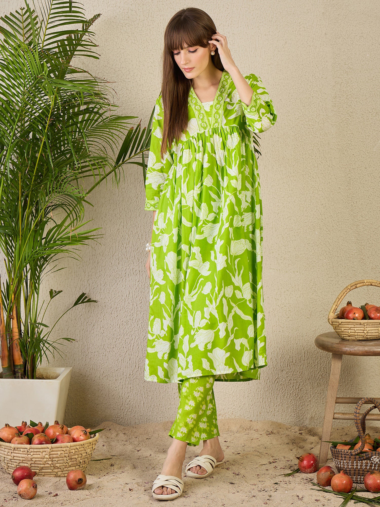 Green Printed A-Line Cotton Kurta Pant Set