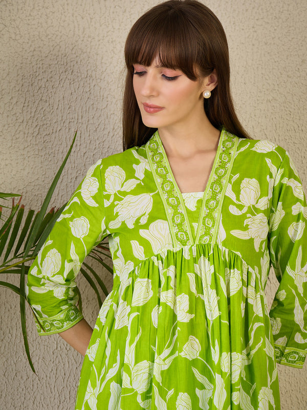 Green Printed A-Line Cotton Kurta Pant Set