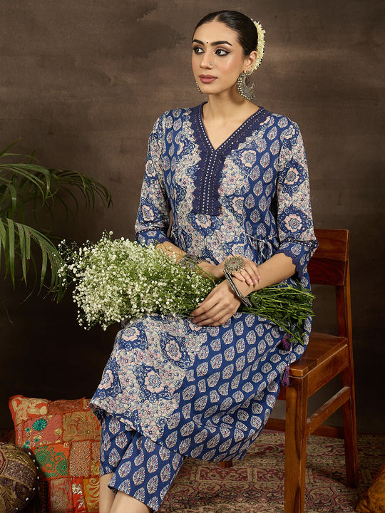 Blue Printed Pure Cotton A-Line Kurta Pant Set